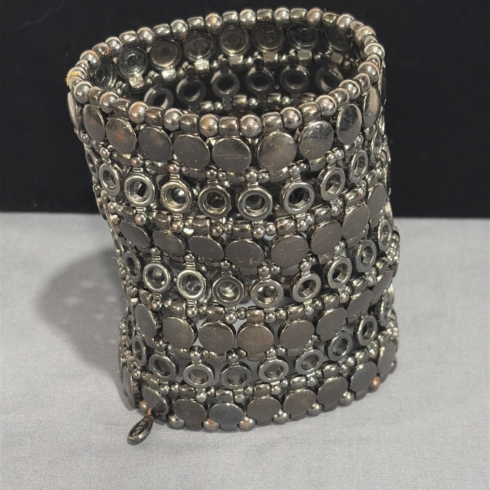 VTG Y2K Silver Statement Cuff Bracelet Set - Aldo Beaded & Hammered Flare Cuffs - Picture 2 of 12